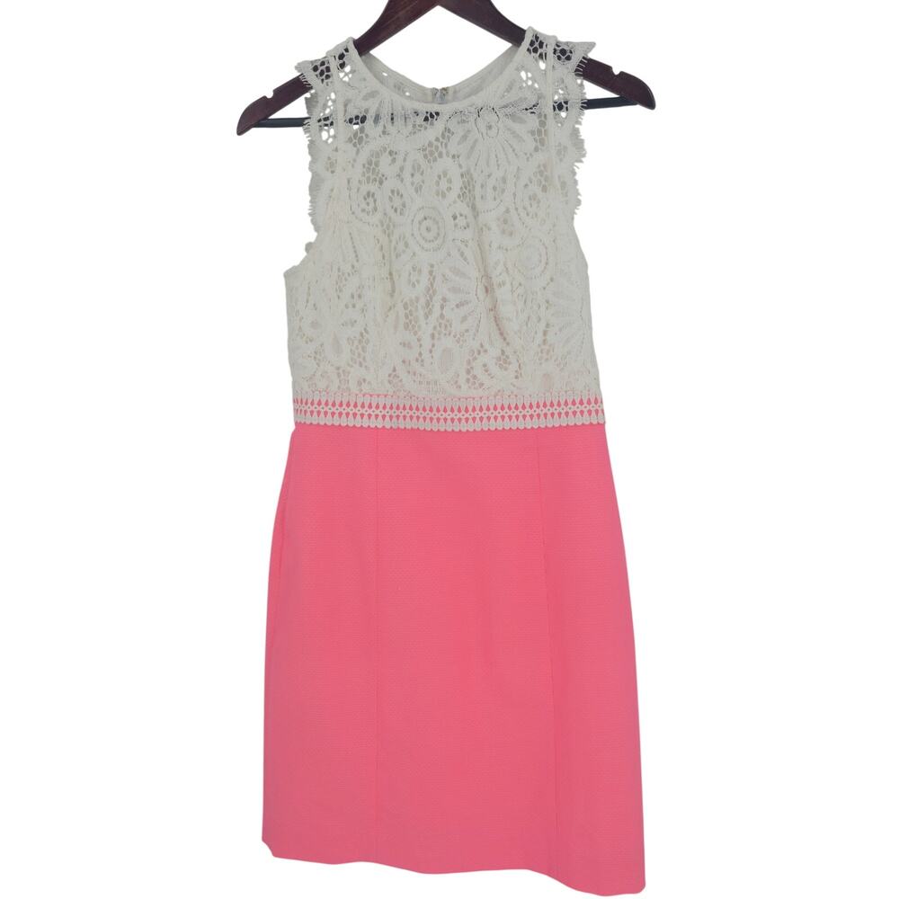 Lilly Pulitzer Sharice pink white lace shift dress size 4 midi length sleeveless